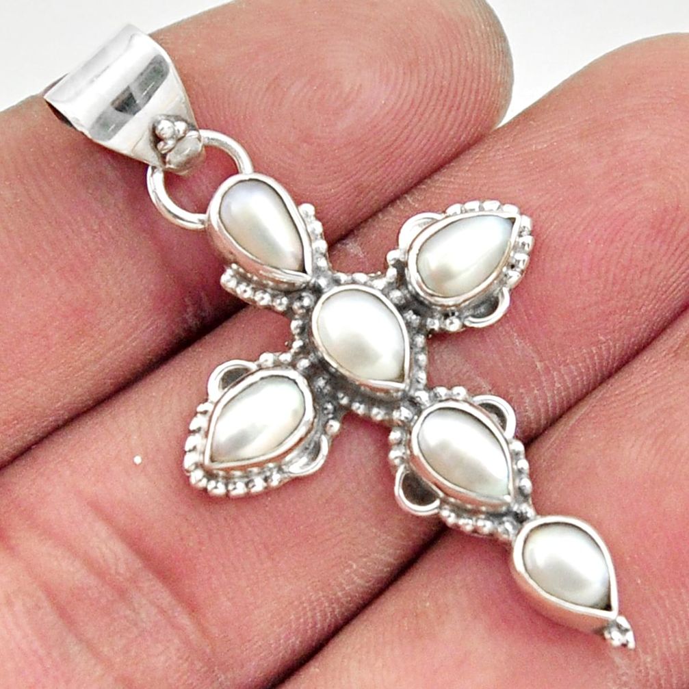 6.45cts natural white pearl 925 sterling silver holy cross pendant r35045