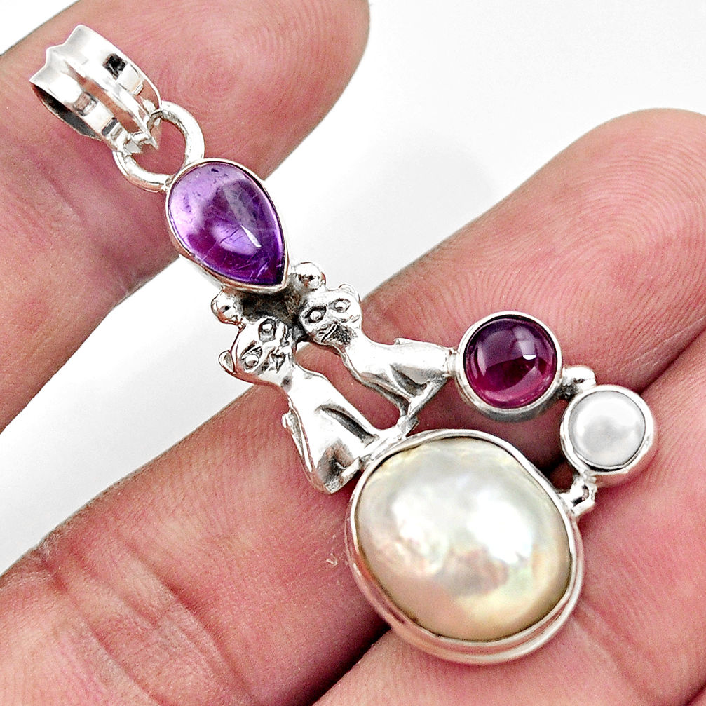 white pearl amethyst 925 silver two cats pendant d43921