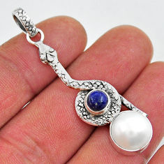 6.42cts natural white pearl blue lapis lazuli 925 silver snake pendant y26188