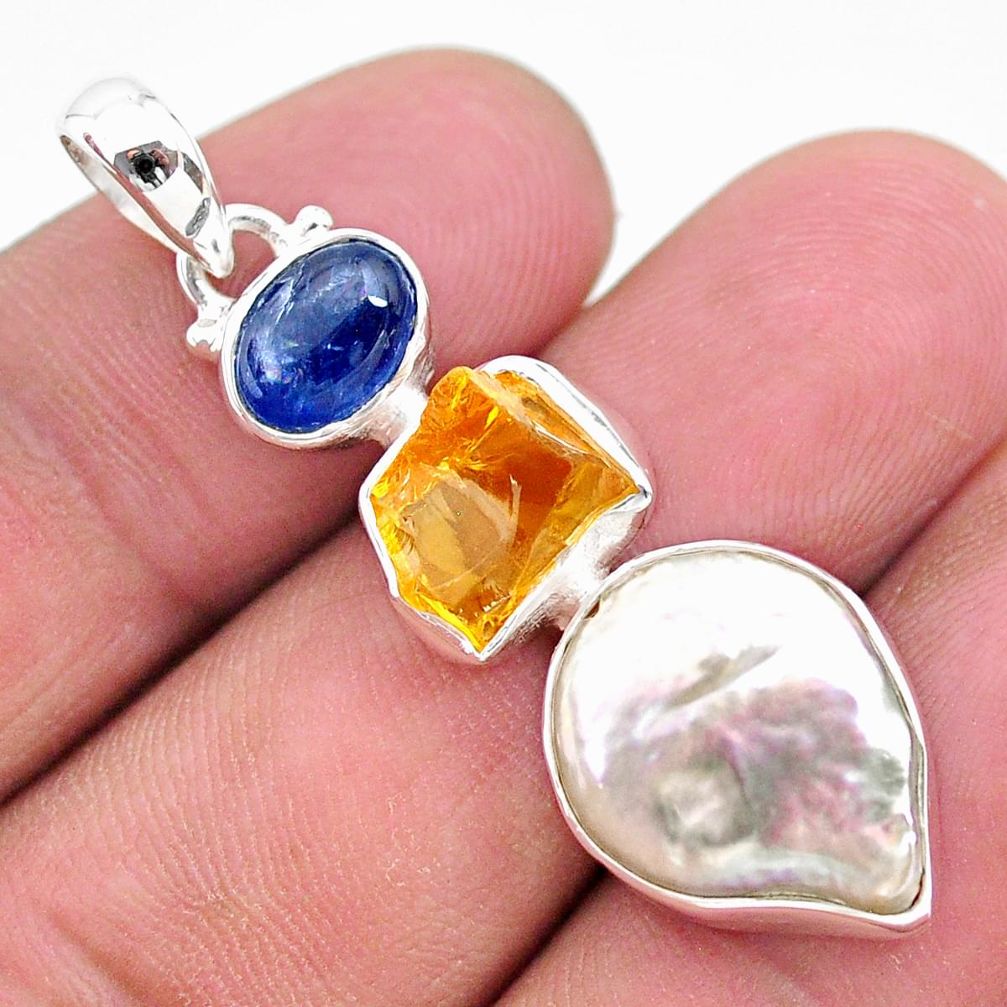 12.58cts natural white pearl citrine raw kyanite 925 silver pendant t25430