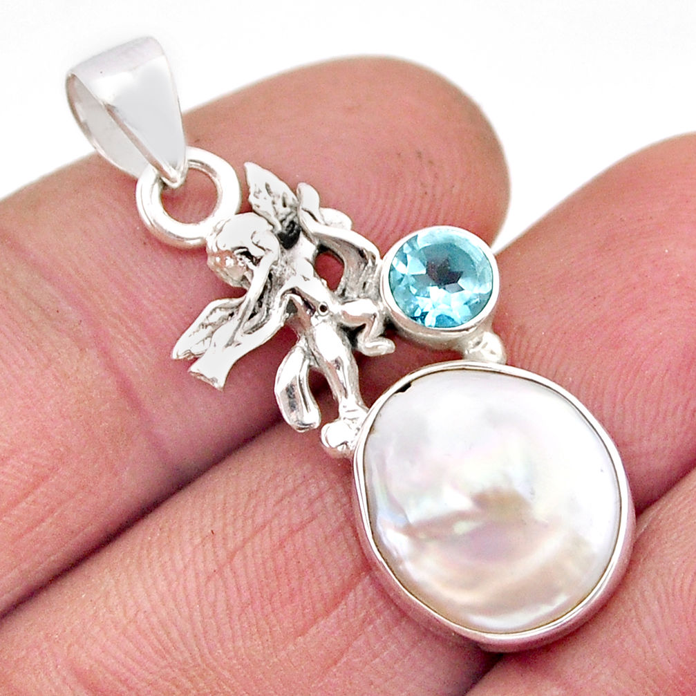 6.17cts natural white pearl fancy topaz 925 sterling silver angel pendant y61051