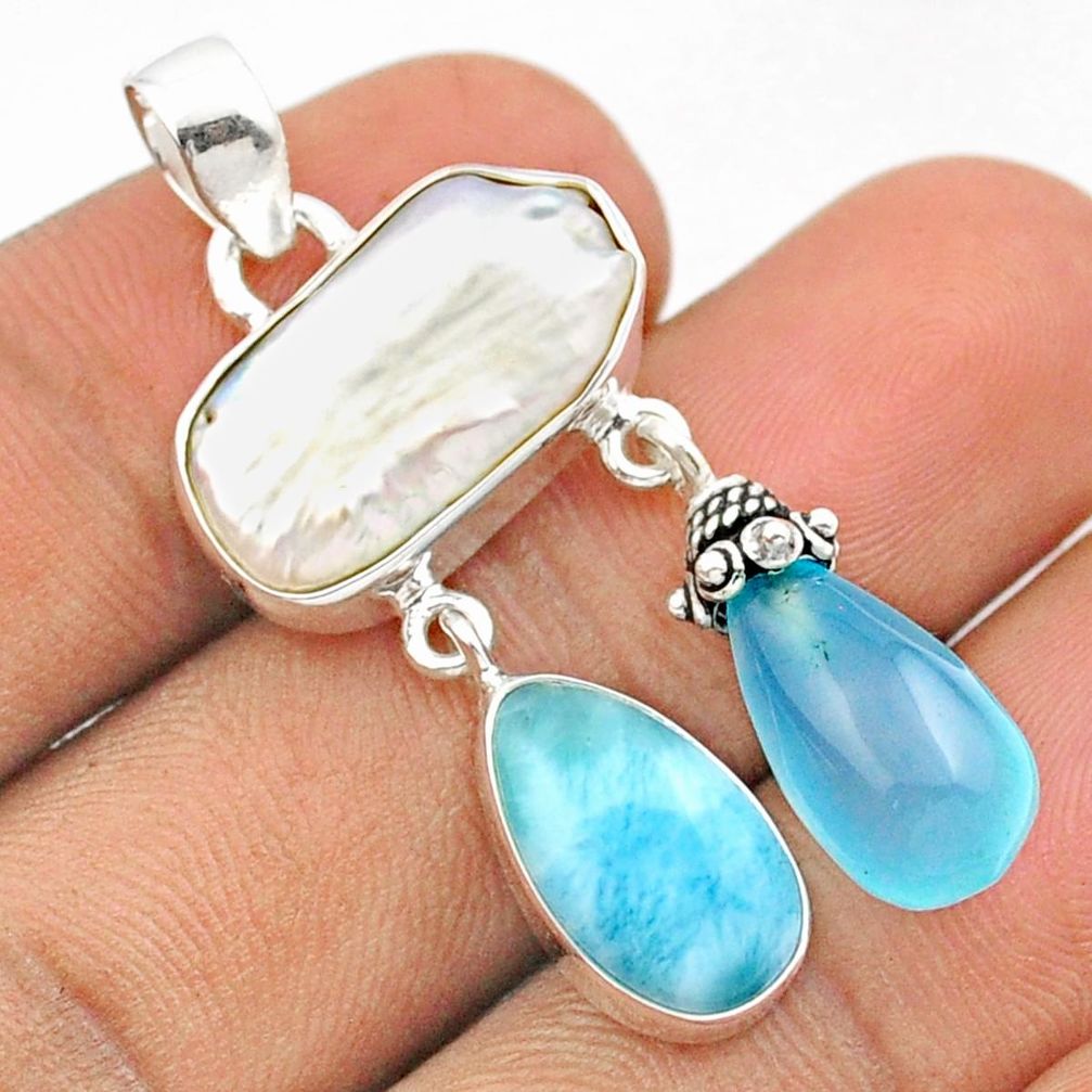 18.41cts sea life natural white pearl larimar chalcedony 925 silver pendant u14389