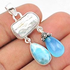17.95cts natural white pearl larimar chalcedony 925 silver pendant u14396