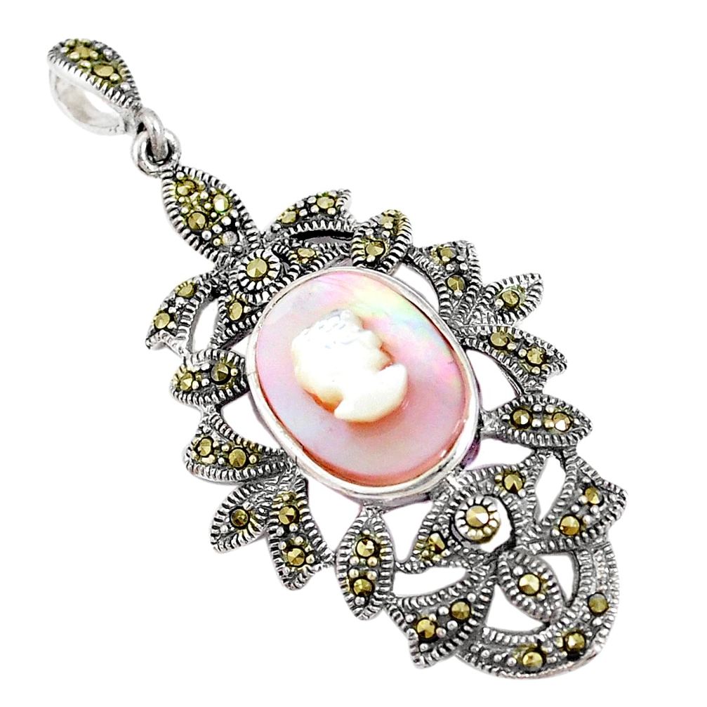 Natural white pearl marcasite enamel lady face 925 silver pendant c16648