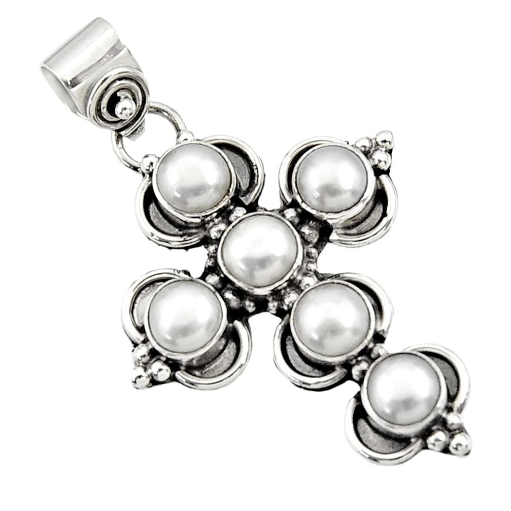 white pearl round 925 sterling silver holy cross pendant d44765