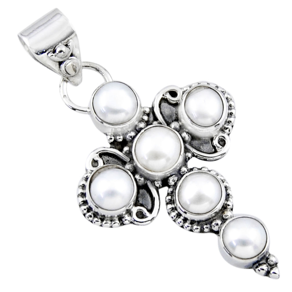 5.38cts natural white pearl round 925 sterling silver holy cross pendant r55829