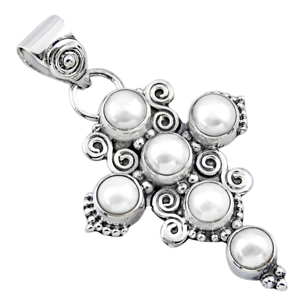 5.77cts natural white pearl round 925 sterling silver holy cross pendant r55911