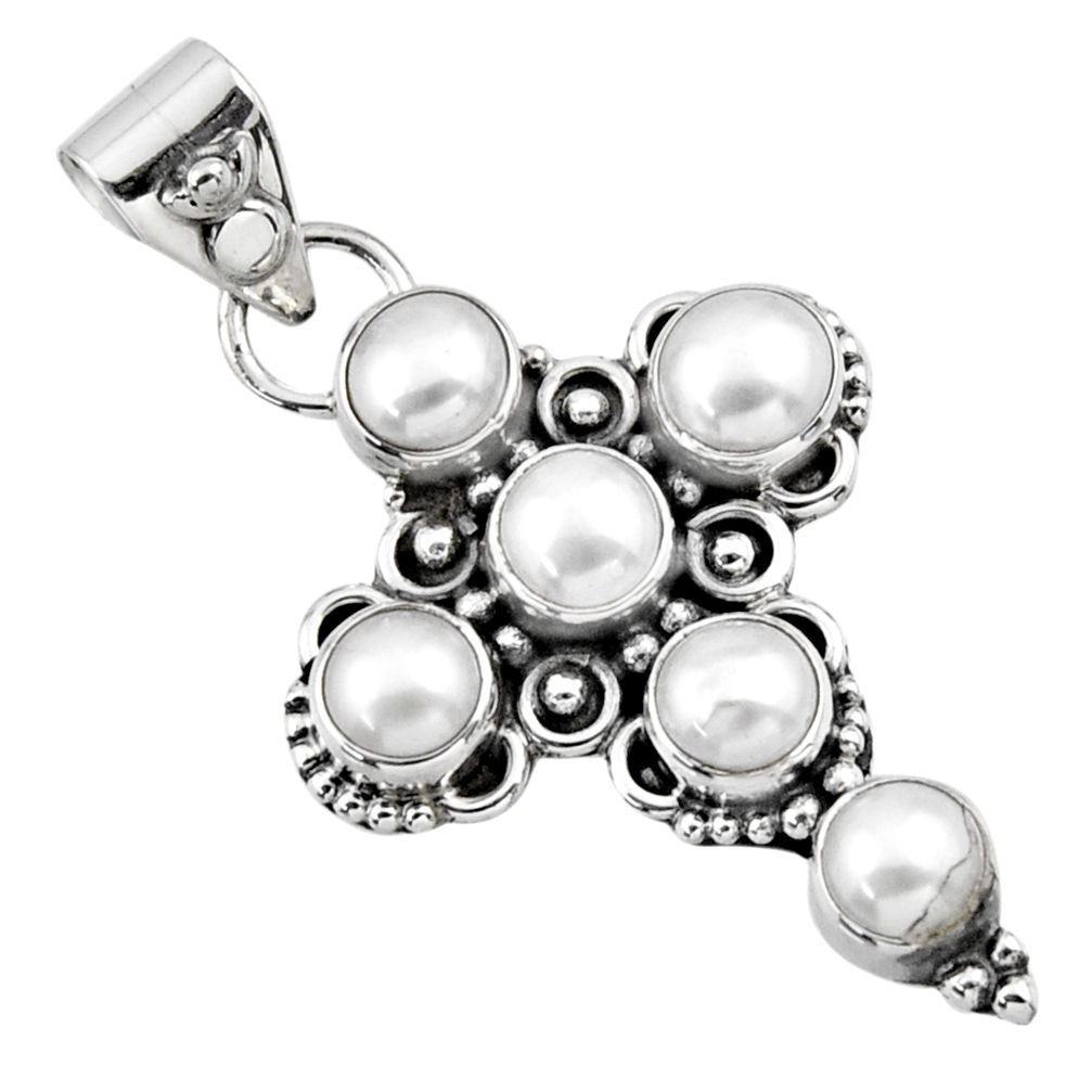 5.53cts natural white pearl round 925 sterling silver holy cross pendant r55952