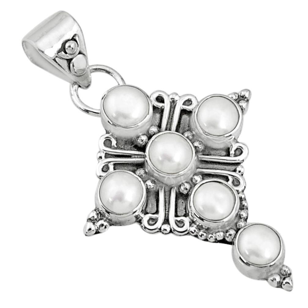 5.56cts natural white pearl round 925 sterling silver holy cross pendant r69413
