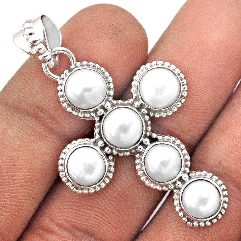 8.12cts natural white pearl round 925 sterling silver holy cross pendant t85813