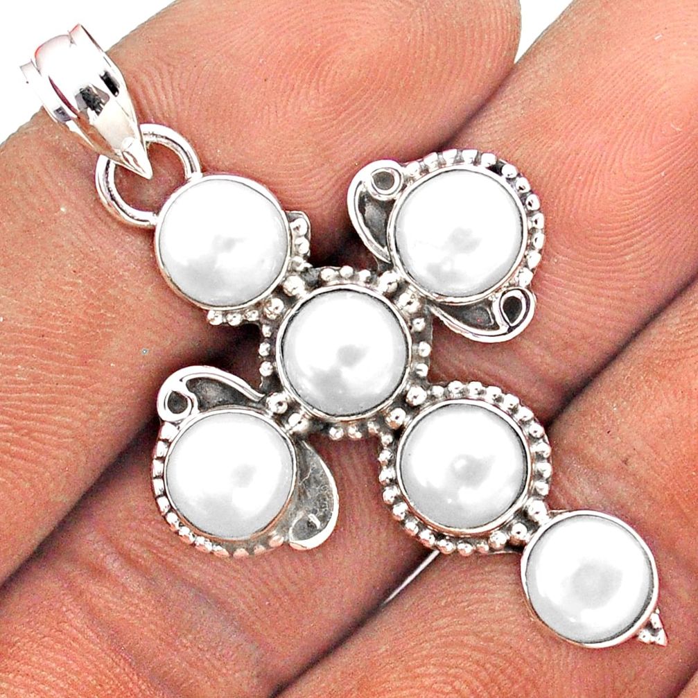 8.43cts natural white pearl round 925 sterling silver holy cross pendant t85894