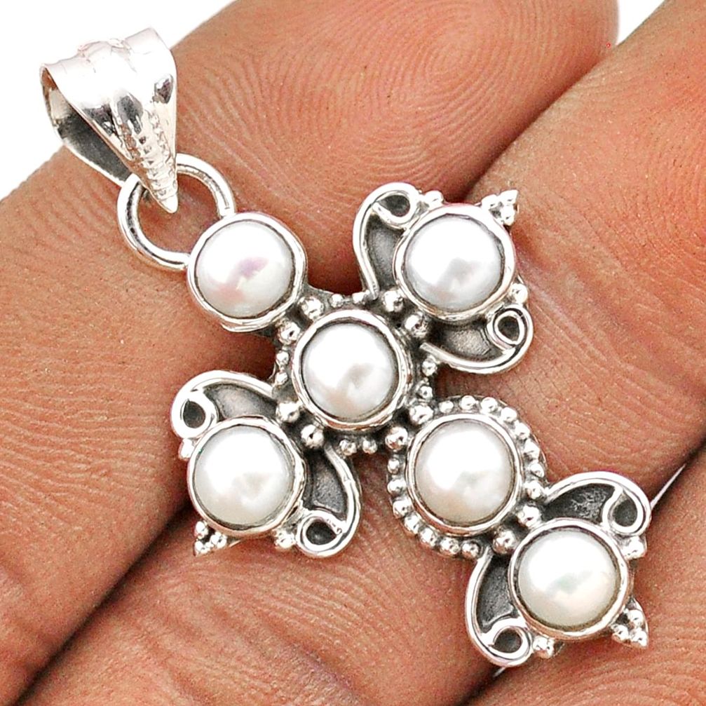 5.12cts natural white pearl round 925 sterling silver holy cross pendant t85978