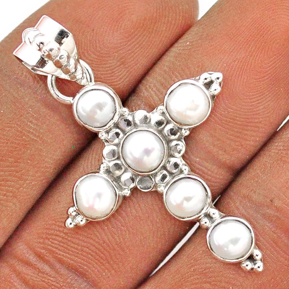 4.90cts natural white pearl round 925 sterling silver holy cross pendant t86013