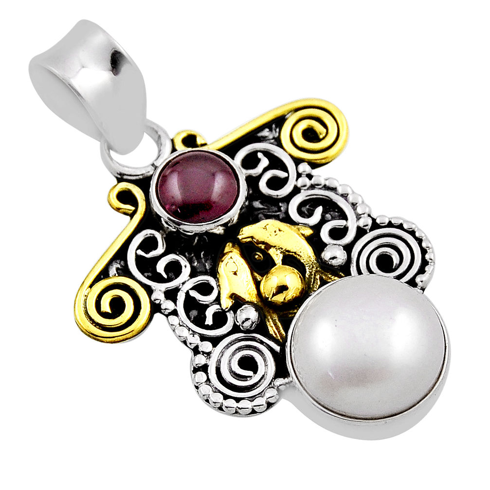 6.57cts natural white pearl round garnet 925 silver gold dolphin pendant n25704