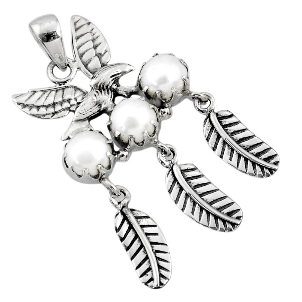 3.44cts natural white pearl round sterling silver dreamcatcher pendant r67735