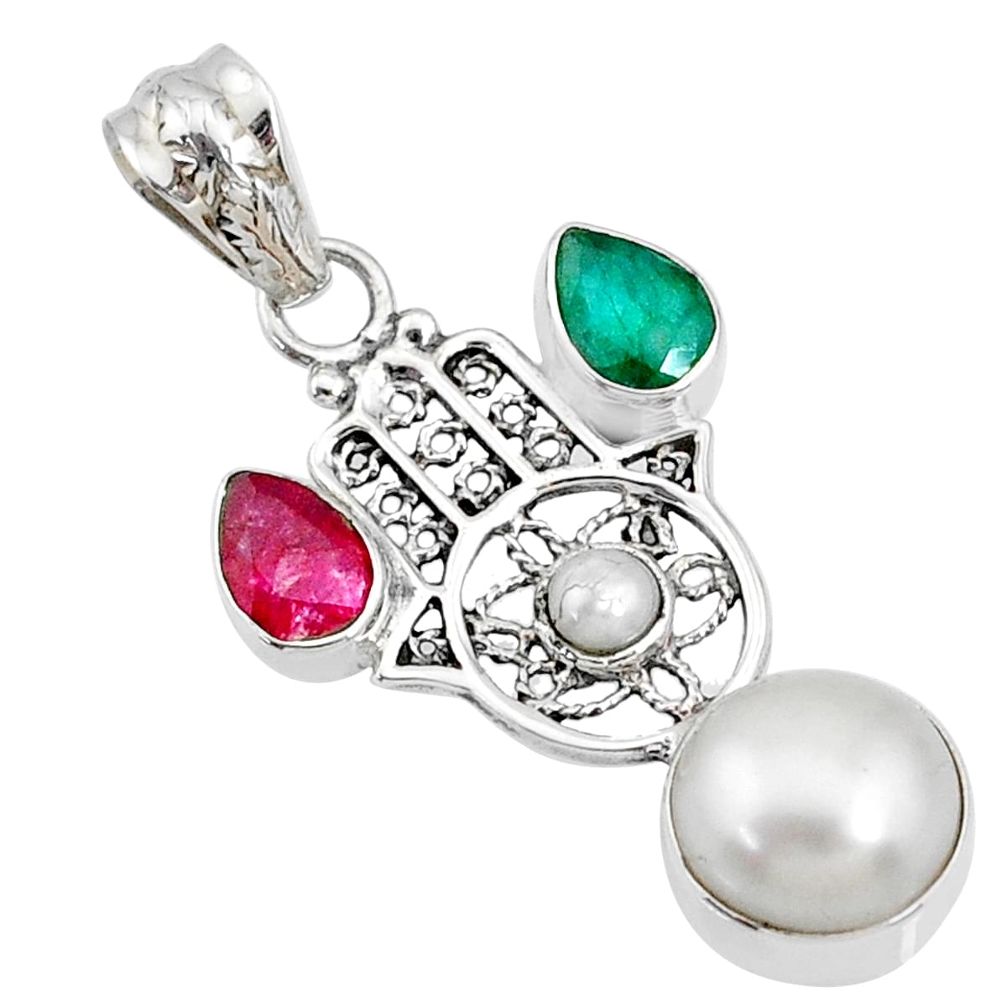 7.03cts natural white pearl ruby 925 silver hand of god hamsa pendant r72915