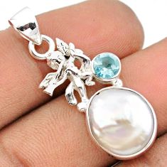 6.39cts natural white pearl topaz 925 silver cupid angel wings pendant u14236