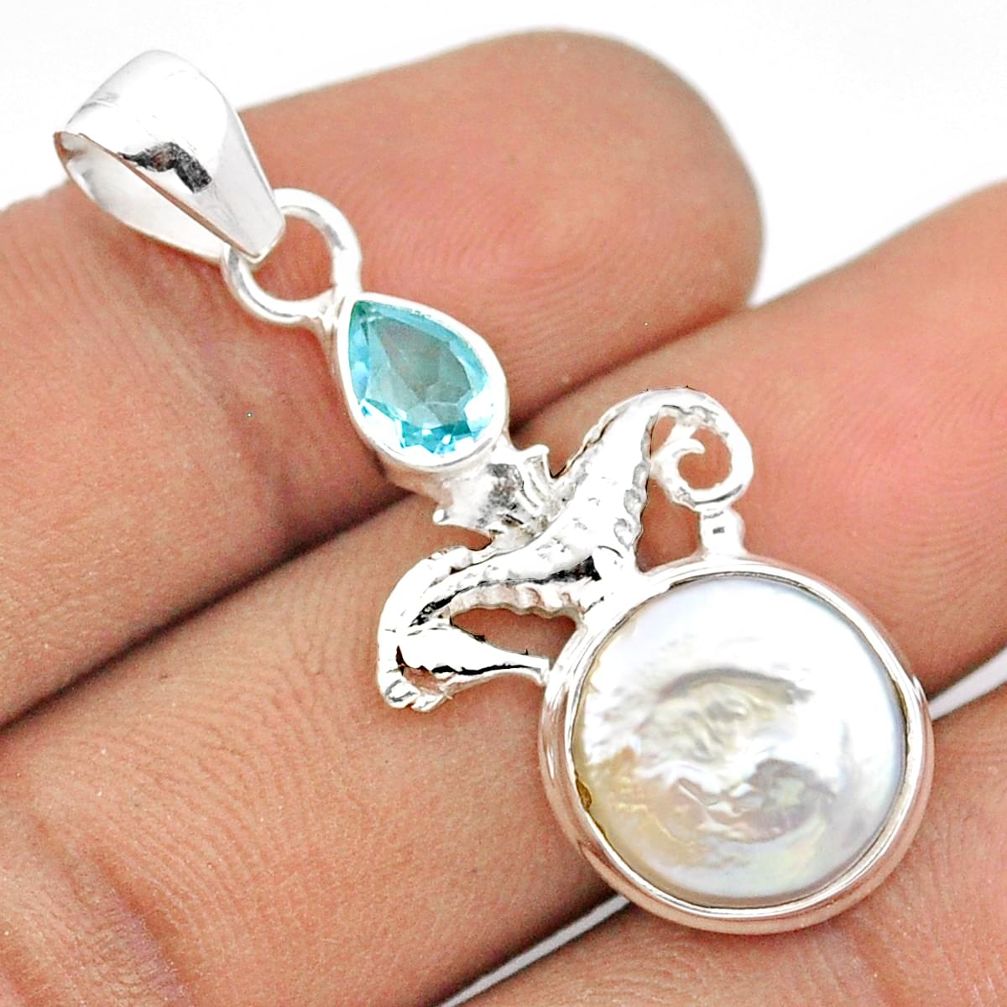 6.80cts sea life natural white pearl topaz 925 sterling silver seahorse pendant u14275
