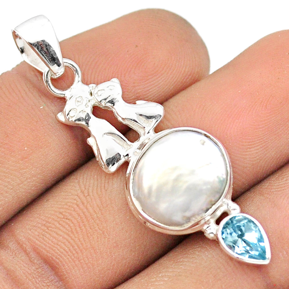 8.18cts sea life natural white pearl topaz 925 sterling silver two cats pendant u14108