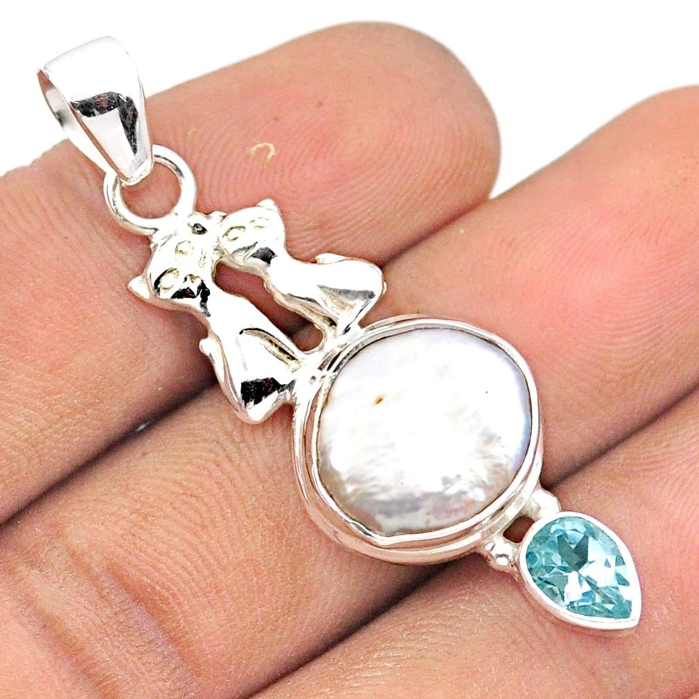 8.28cts sea life natural white pearl topaz 925 sterling silver two cats pendant u14113