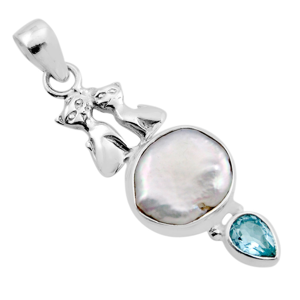 7.54cts natural white pearl topaz 925 sterling silver two cats pendant y86382