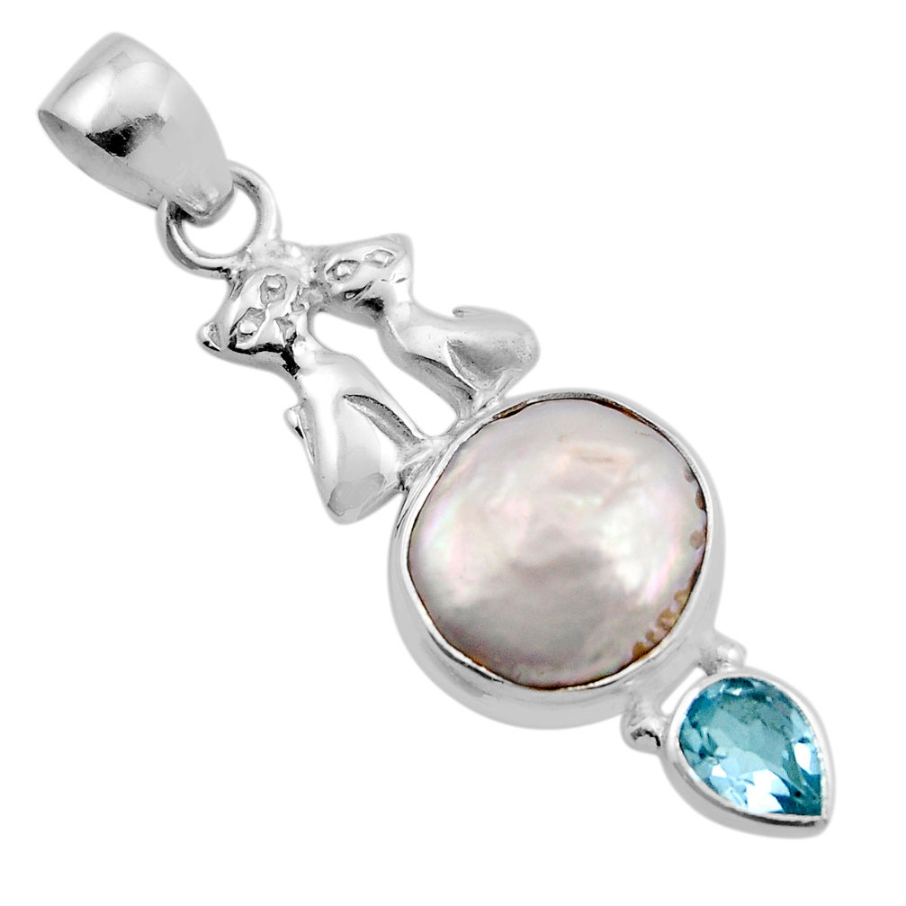 7.94cts natural white pearl topaz 925 sterling silver two cats pendant y86391
