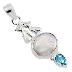 7.59cts natural white pearl topaz 925 sterling silver two cats pendant y86396