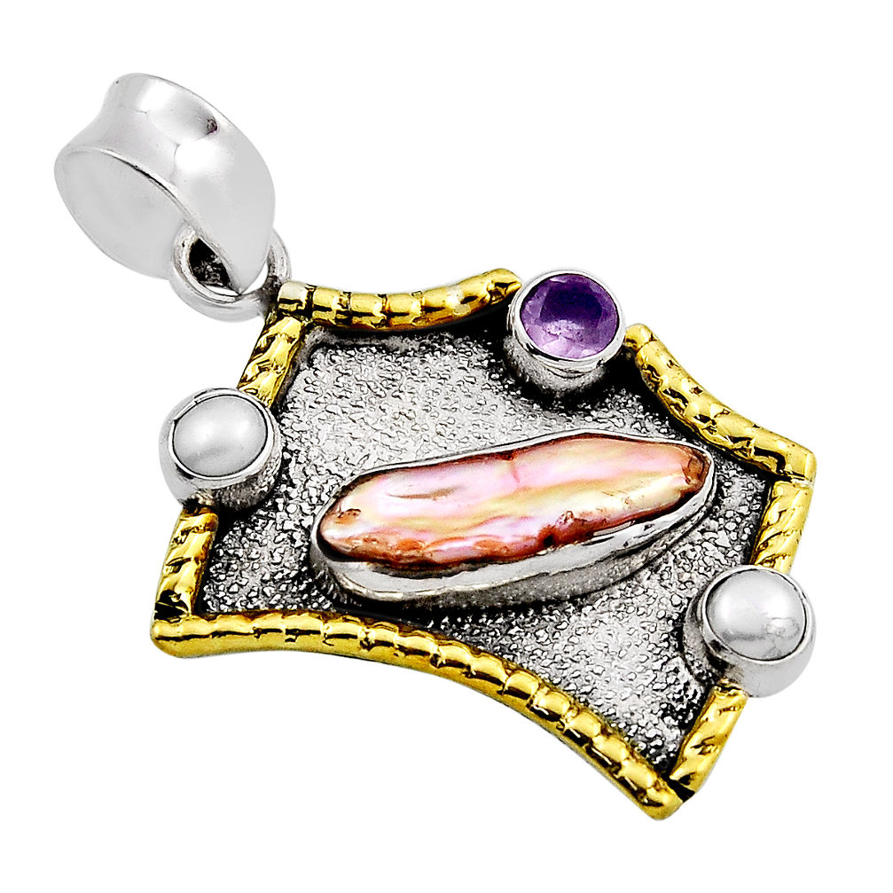 5.07cts natural white pink pearl fancy amethyst 925 silver gold pendant n25716