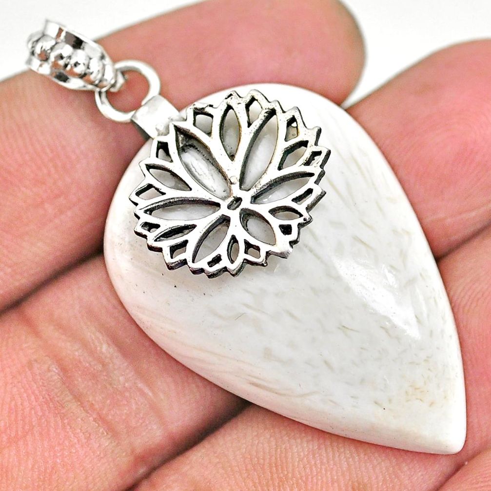 34.51cts natural white scolecite high vibration crystal silver pendant r91148