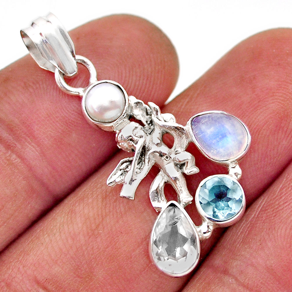 4.26cts natural white topaz moonstone pearl 925 silver angel pendant y91418