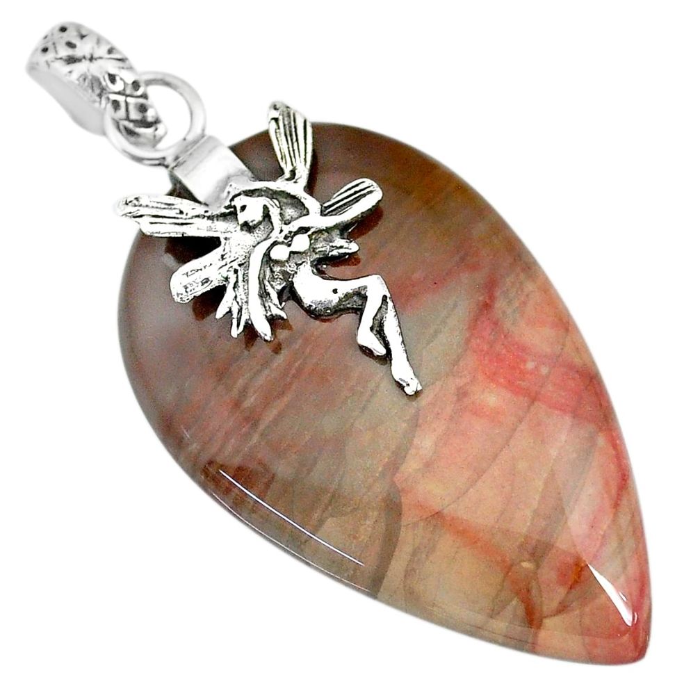 27.81cts natural willow creek jasper 925 silver angel wings fairy pendant r91121