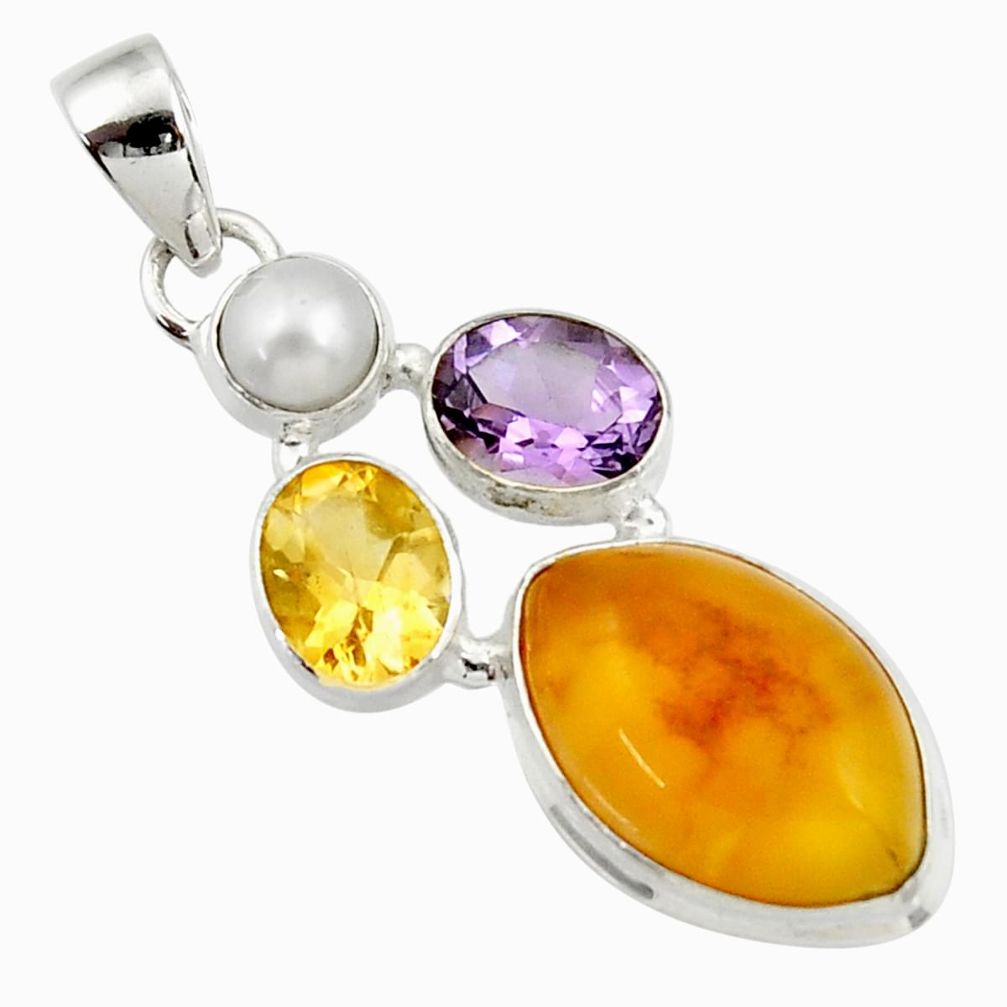 16.20cts natural yellow amber bone amethyst pearl 925 silver pendant d43072