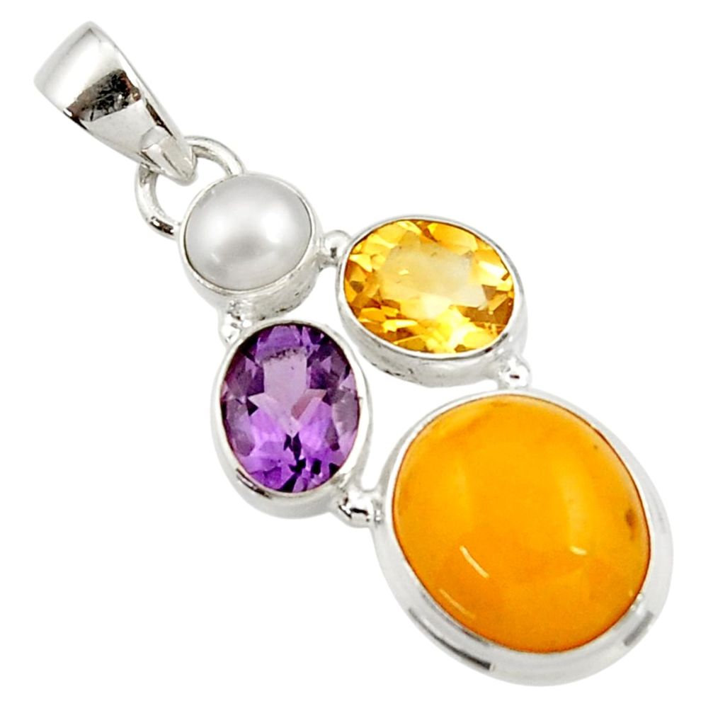 13.70cts natural yellow amber bone amethyst pearl 925 silver pendant d43077