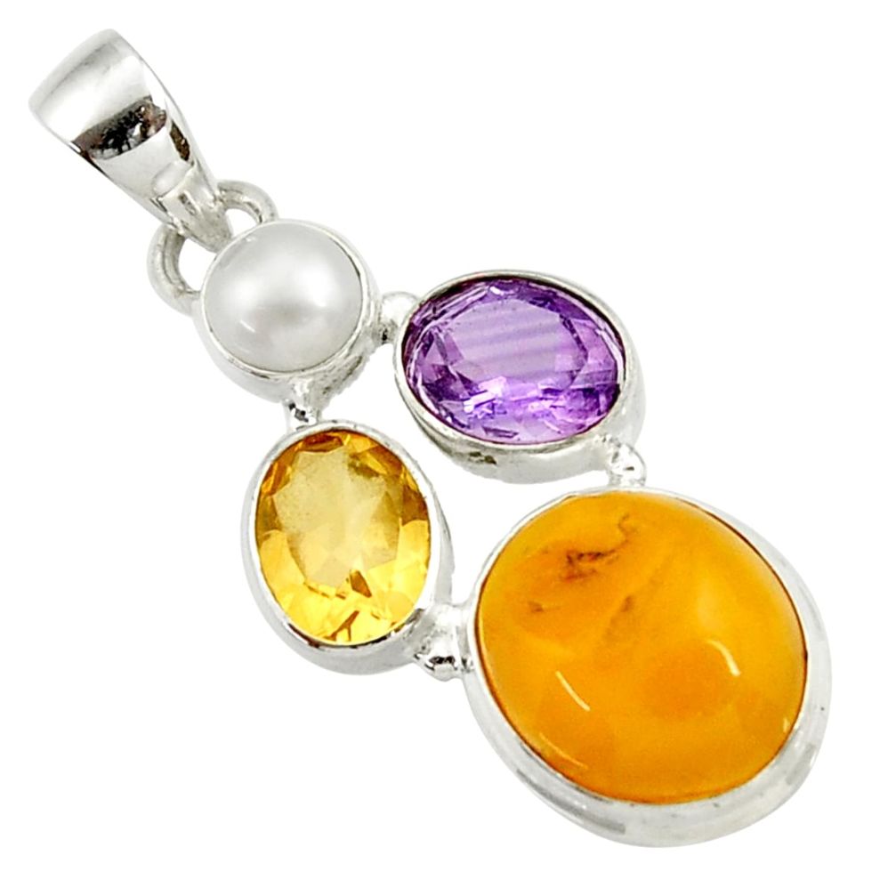 14.45cts natural yellow amber bone amethyst pearl 925 silver pendant d43080