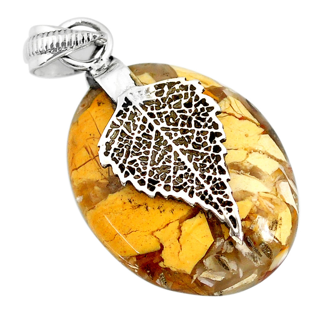 16.41cts natural yellow brecciated mookaite 925 silver leaf pendant r90867