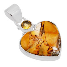 13.49cts natural yellow brecciated mookaite heart citrine silver pendant n37805