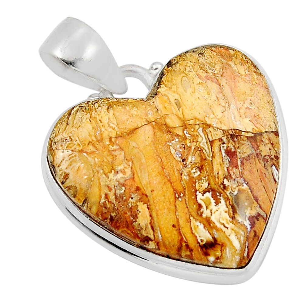 17.42cts natural yellow brecciated mookaite heart shape silver pendant y52260