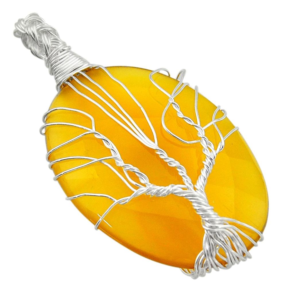 33.21cts natural yellow chalcedony 925 silver tree of life pendant d47601