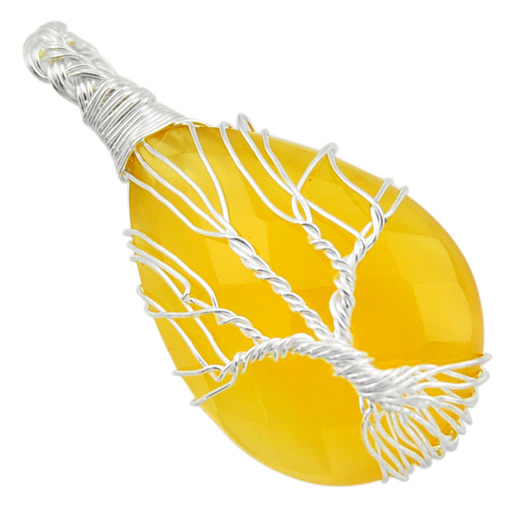 27.05cts natural yellow chalcedony 925 silver tree of life pendant d47602