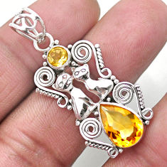 5.07cts natural yellow citrine 925 sterling silver two cats pendant u10943