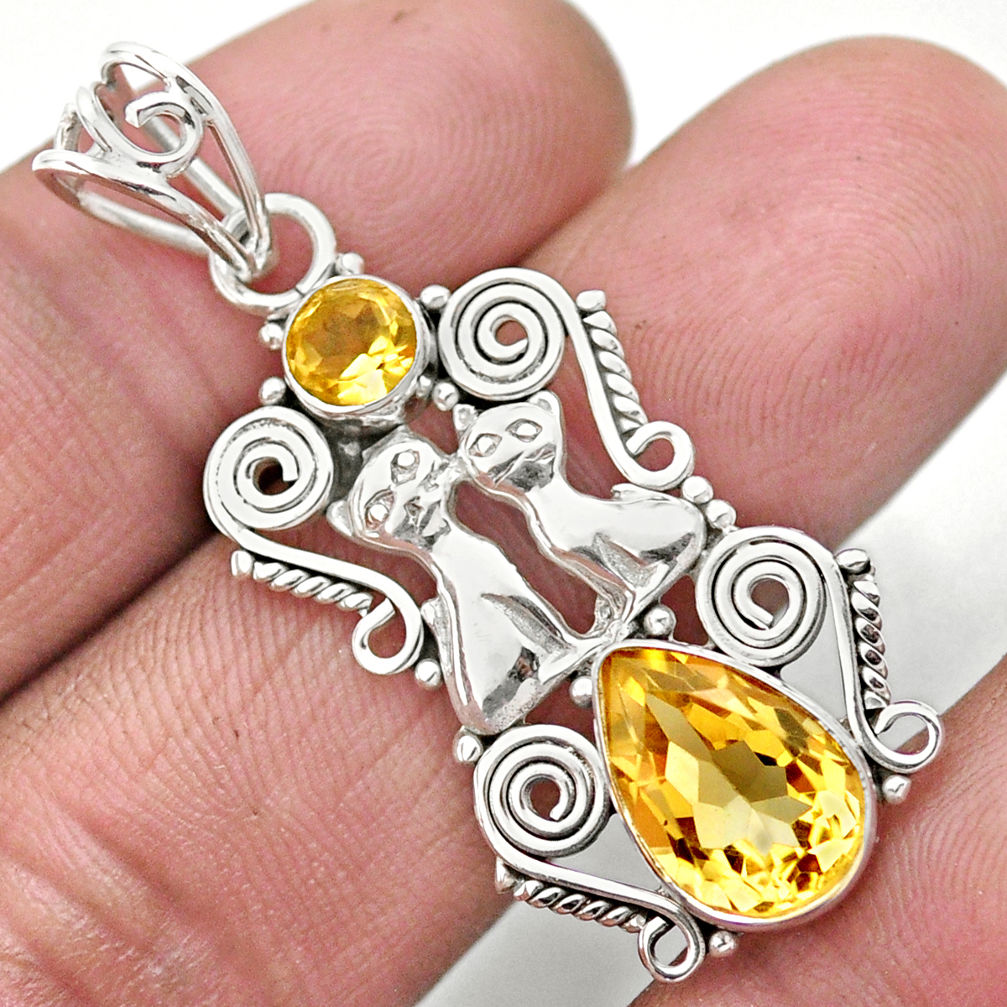 5.53cts natural yellow citrine 925 sterling silver two cats pendant u10945