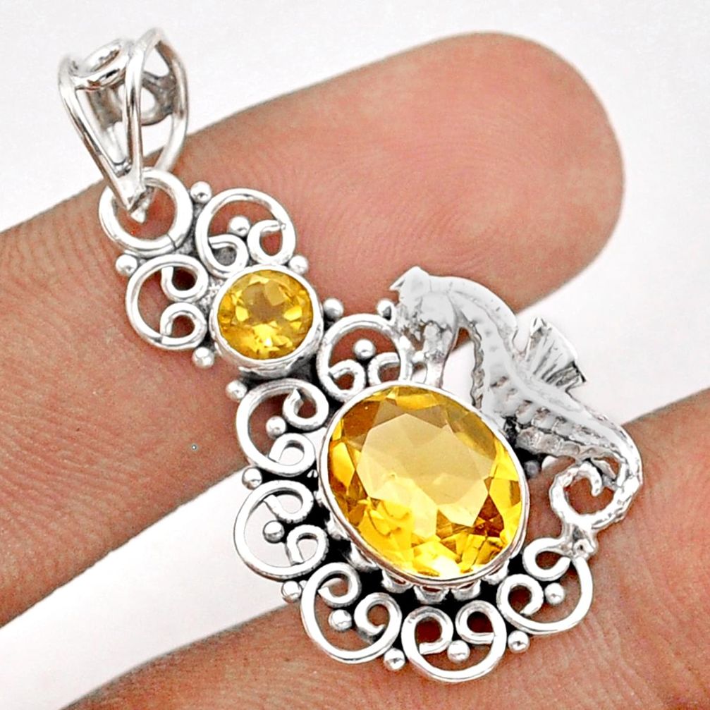 5.79cts natural yellow citrine oval 925 sterling silver seahorse pendant u7132