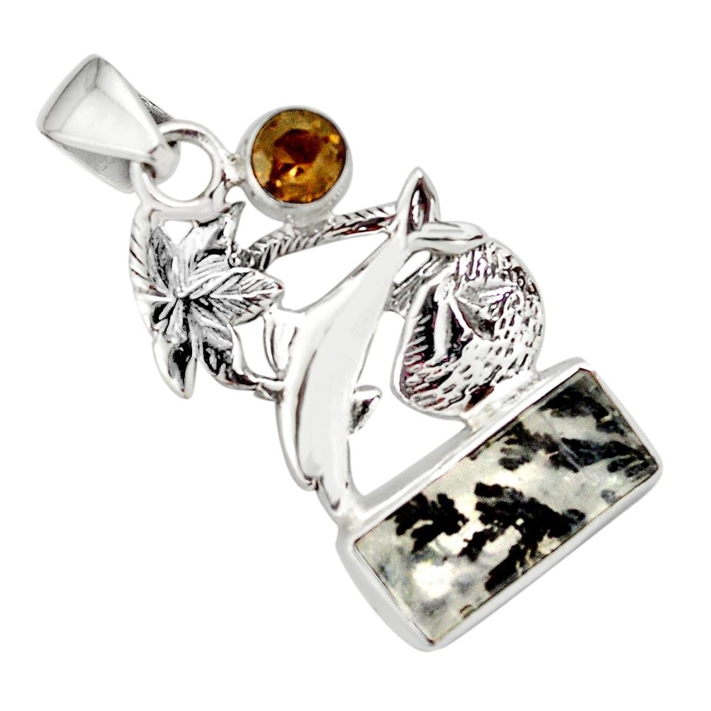 yellow dendritic quartz 925 silver dolphin pendant p79522