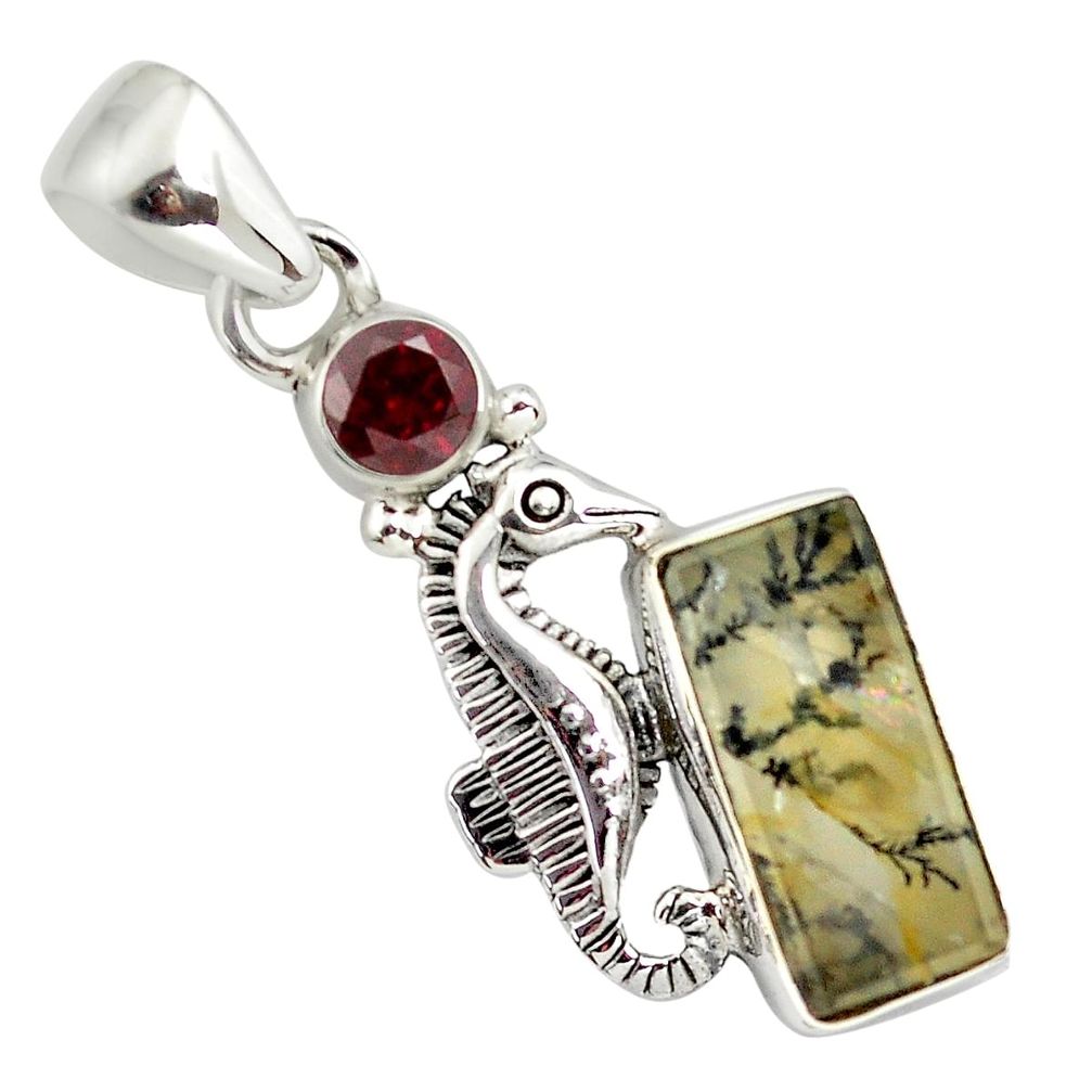 7.12cts natural yellow dendritic quartz 925 silver seahorse pendant p79525