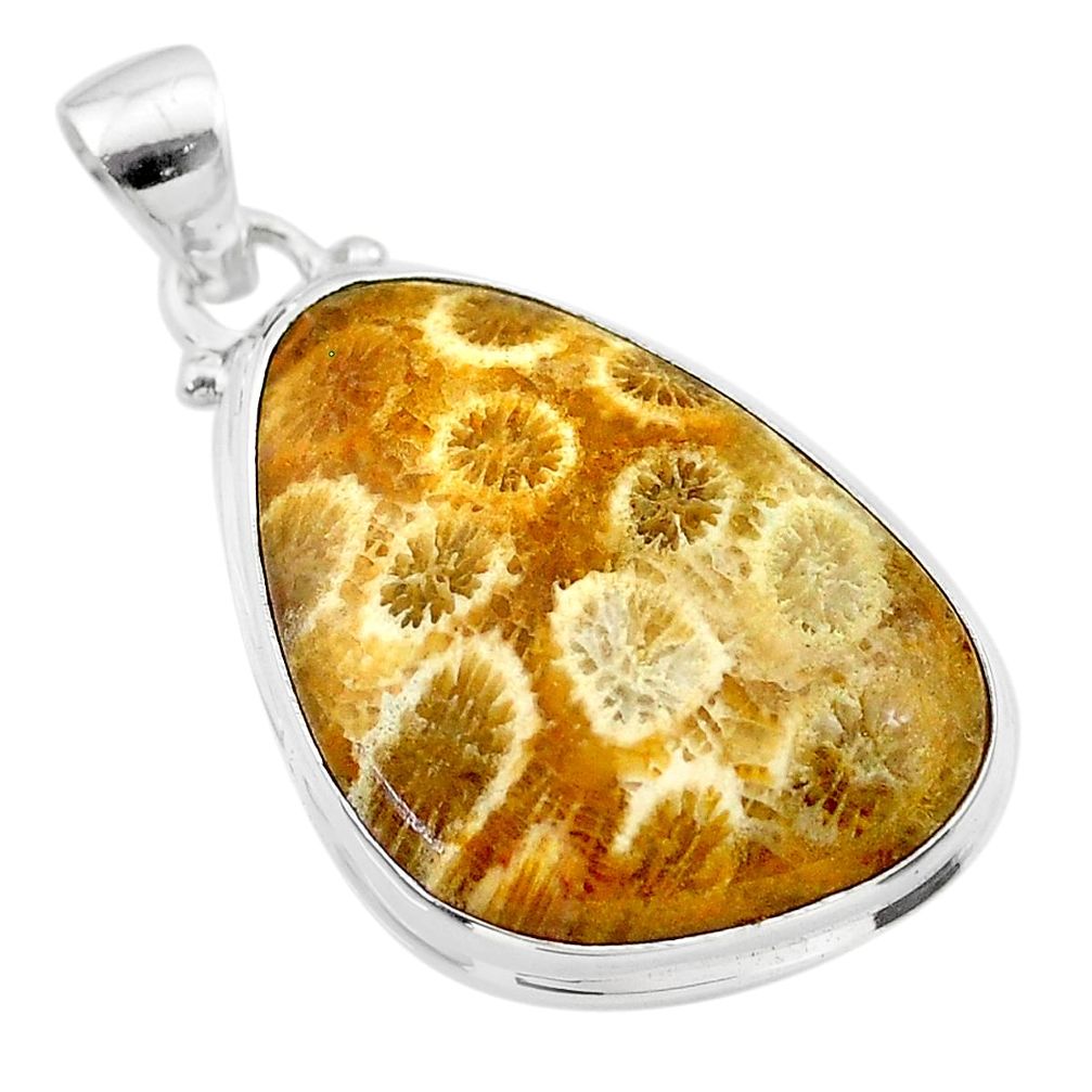 17.65cts natural yellow fossil coral petoskey stone 925 silver pendant t26642