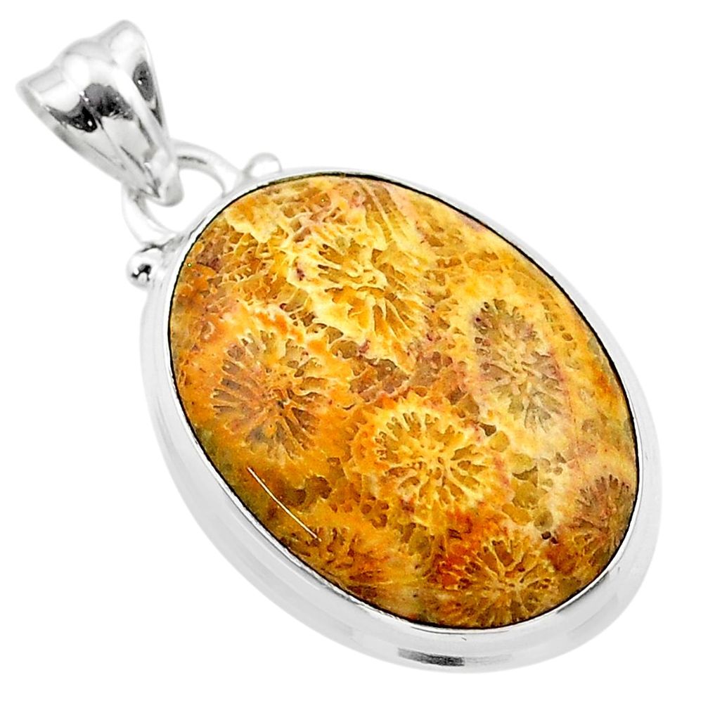 17.22cts natural yellow fossil coral petoskey stone 925 silver pendant t26645