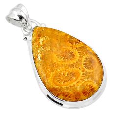 15.60cts natural yellow fossil coral petoskey stone 925 silver pendant t26646