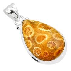 14.20cts natural yellow fossil coral petoskey stone 925 silver pendant t26648