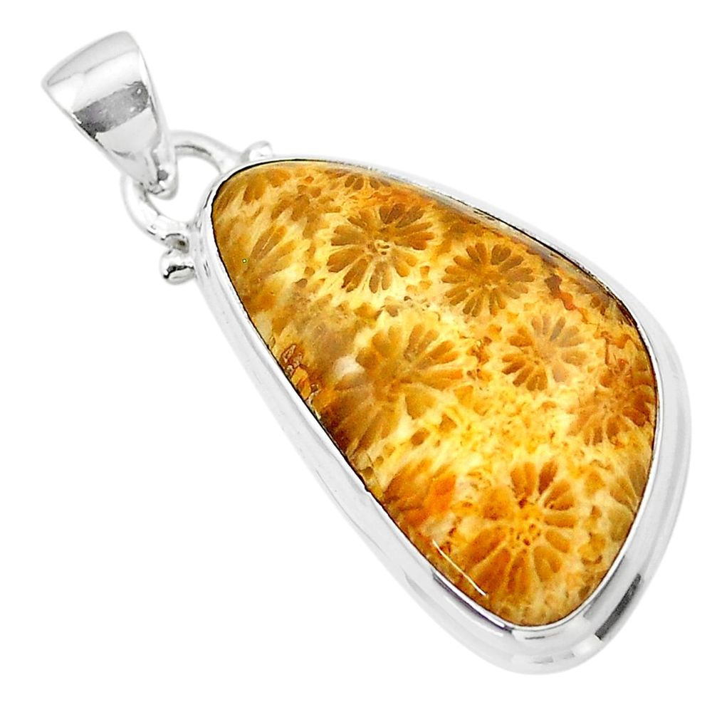 17.22cts natural yellow fossil coral petoskey stone 925 silver pendant t26650