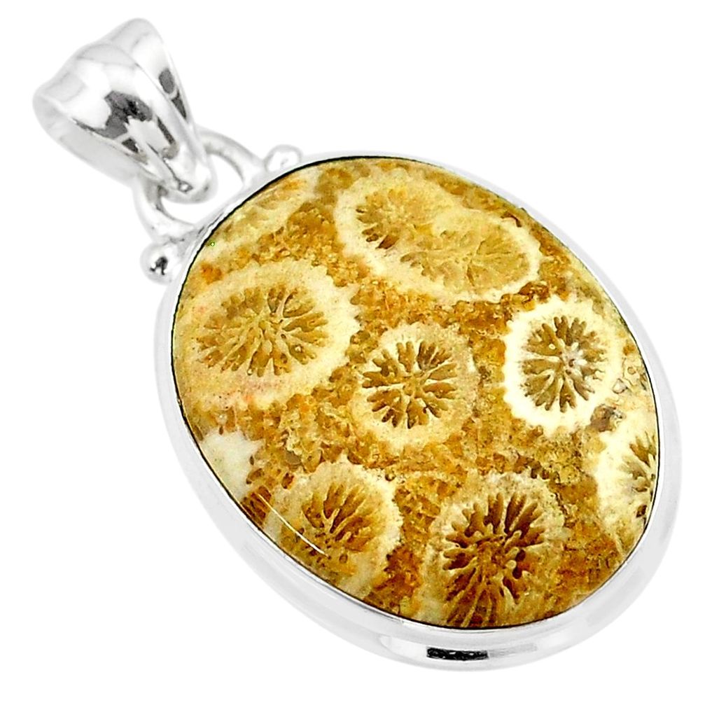 14.20cts natural yellow fossil coral petoskey stone 925 silver pendant t26652